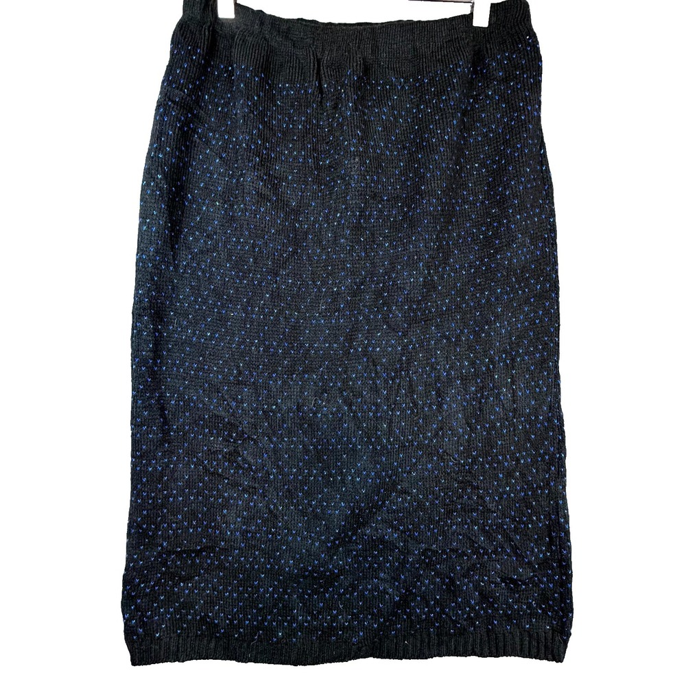 Vintage Ellen-D Kollection Pencil Skirt Womens Black Blue Knit Acrylic Birdseye